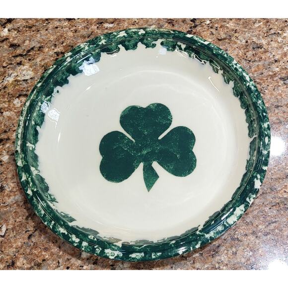 Green Clover Spongeware Pie Plate Pottery - 9" - Picture 6 of 16